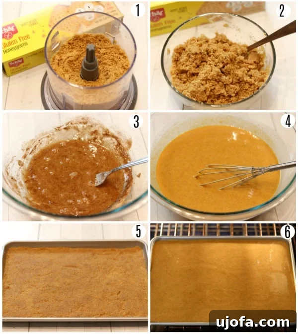 Spiced Gluten-Free Pumpkin Pie Squares 3 A collage of six images showing the step-by-step process of making gluten-free pumpkin pie bars, from crushing graham crackers to pouring the filling over the baked crust.