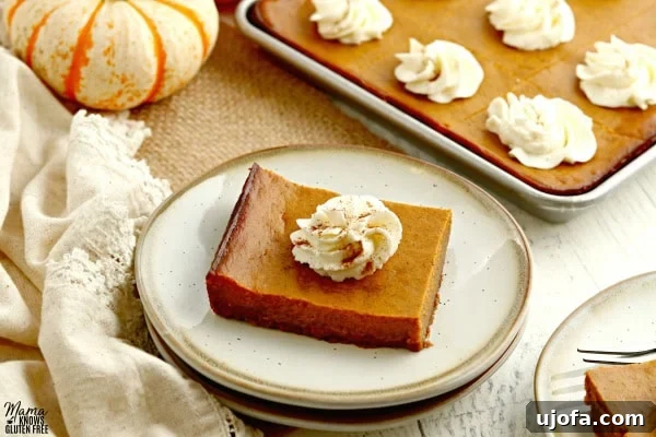 Spiced Gluten-Free Pumpkin Pie Squares 6 Two gluten-free pumpkin pie bars on small plates, garnished with whipped cream, with decorative pumpkins and fall foliage in the soft background, highlighting the festive theme.
