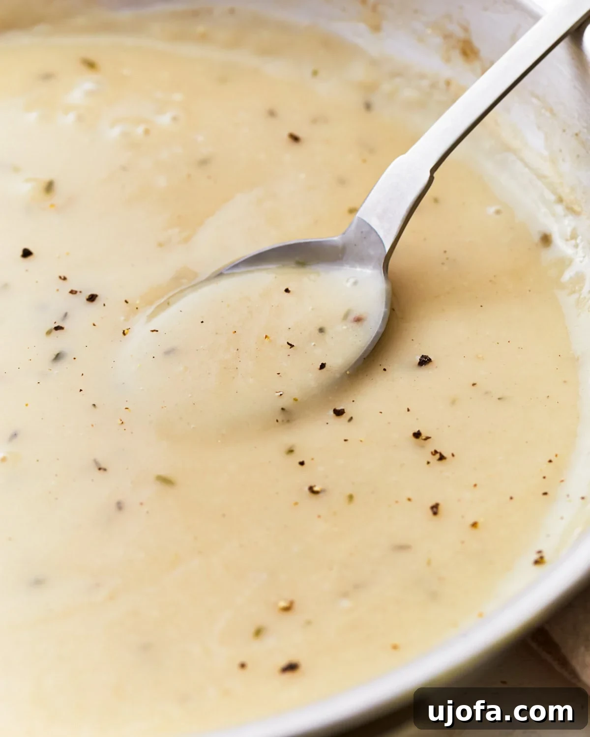 Side view of a spoon in a pan of gluten-free gravy, highlighting its smooth, rich texture.