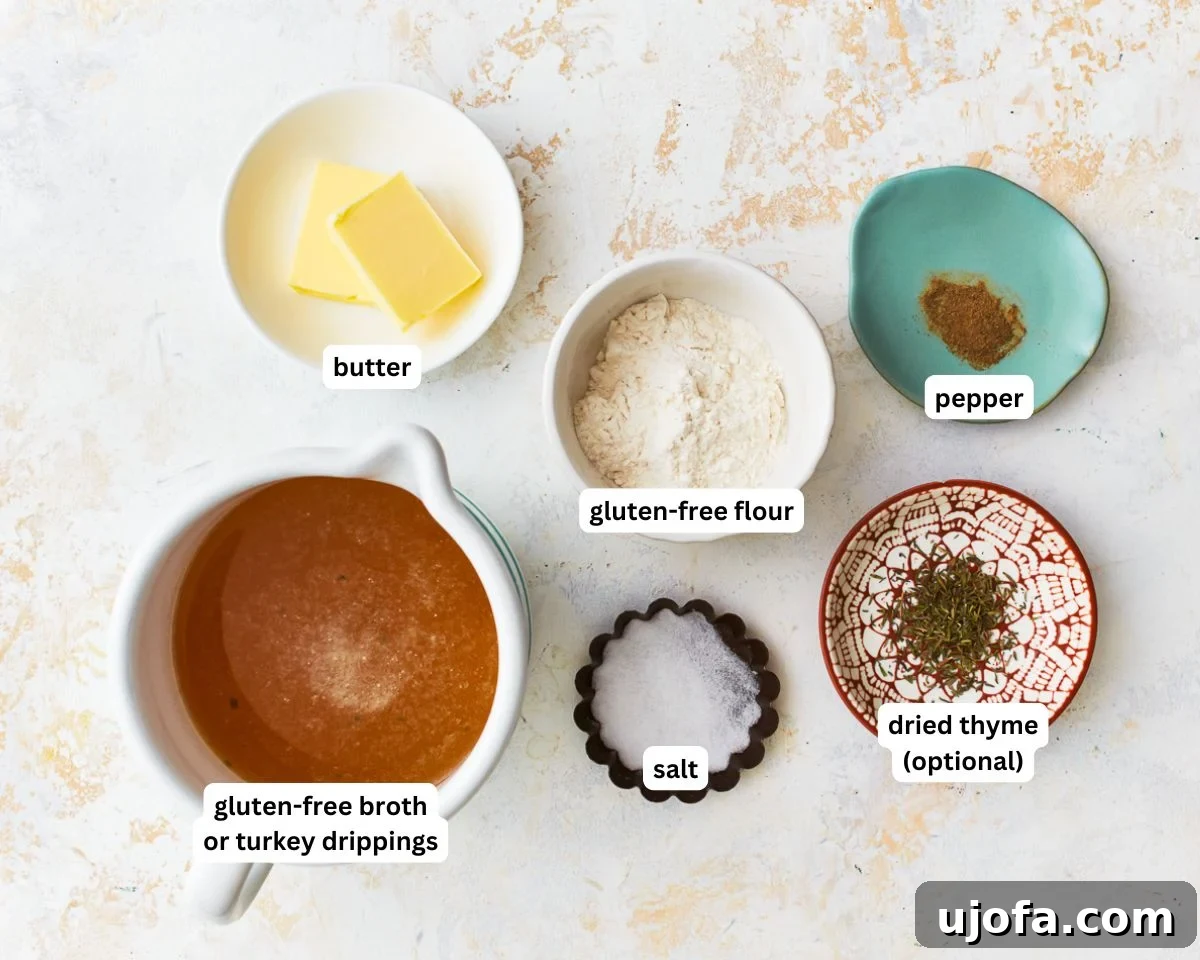 Ingredients for gluten-free gravy laid out on a wooden surface.