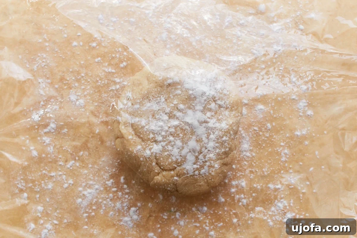A ball of gluten-free pie crust dough lightly dusted with gluten-free flour, ready for rolling.