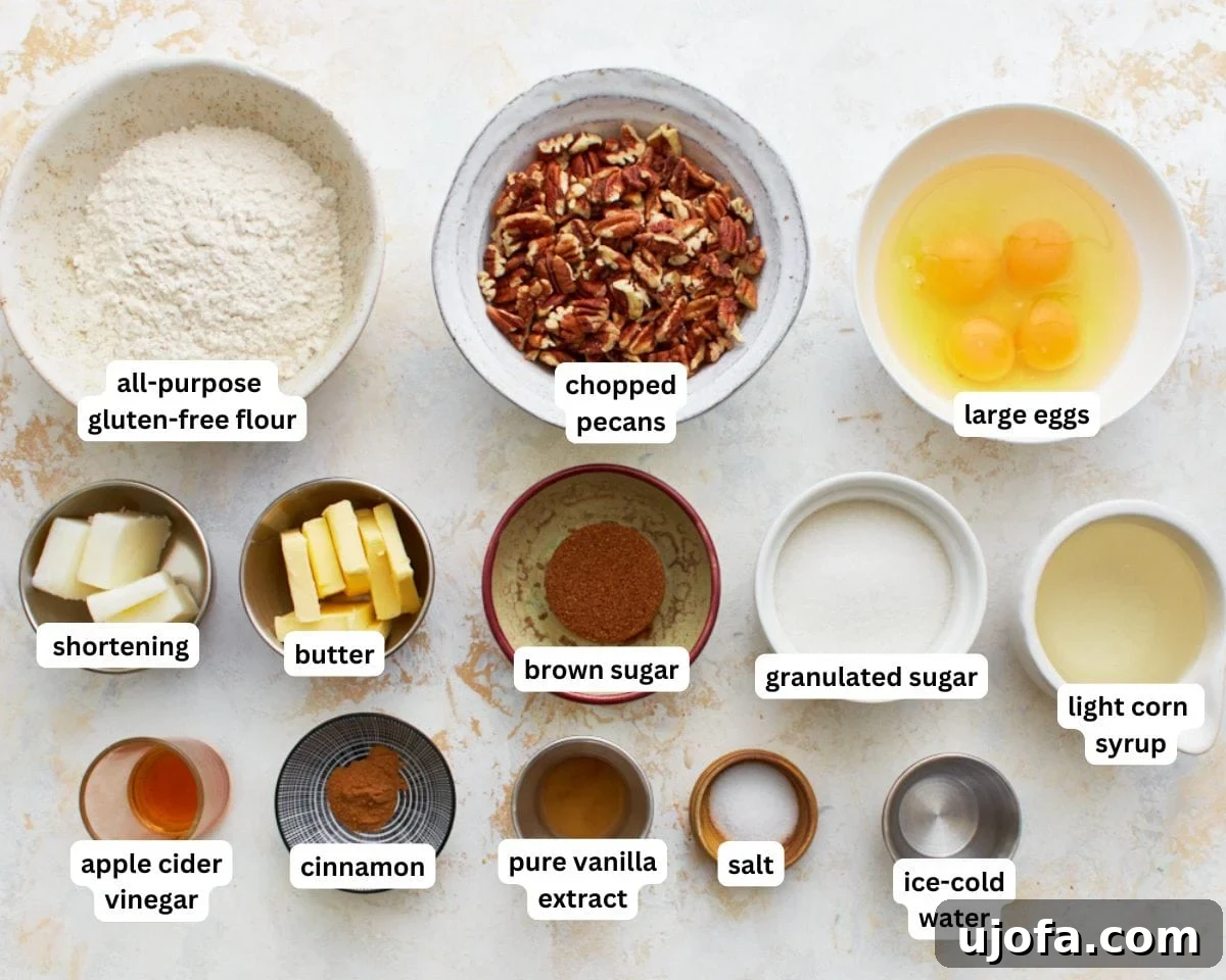 A collection of ingredients for gluten-free pecan pie, including flour, sugars, eggs, corn syrup, butter, and pecans, arranged on a rustic surface.