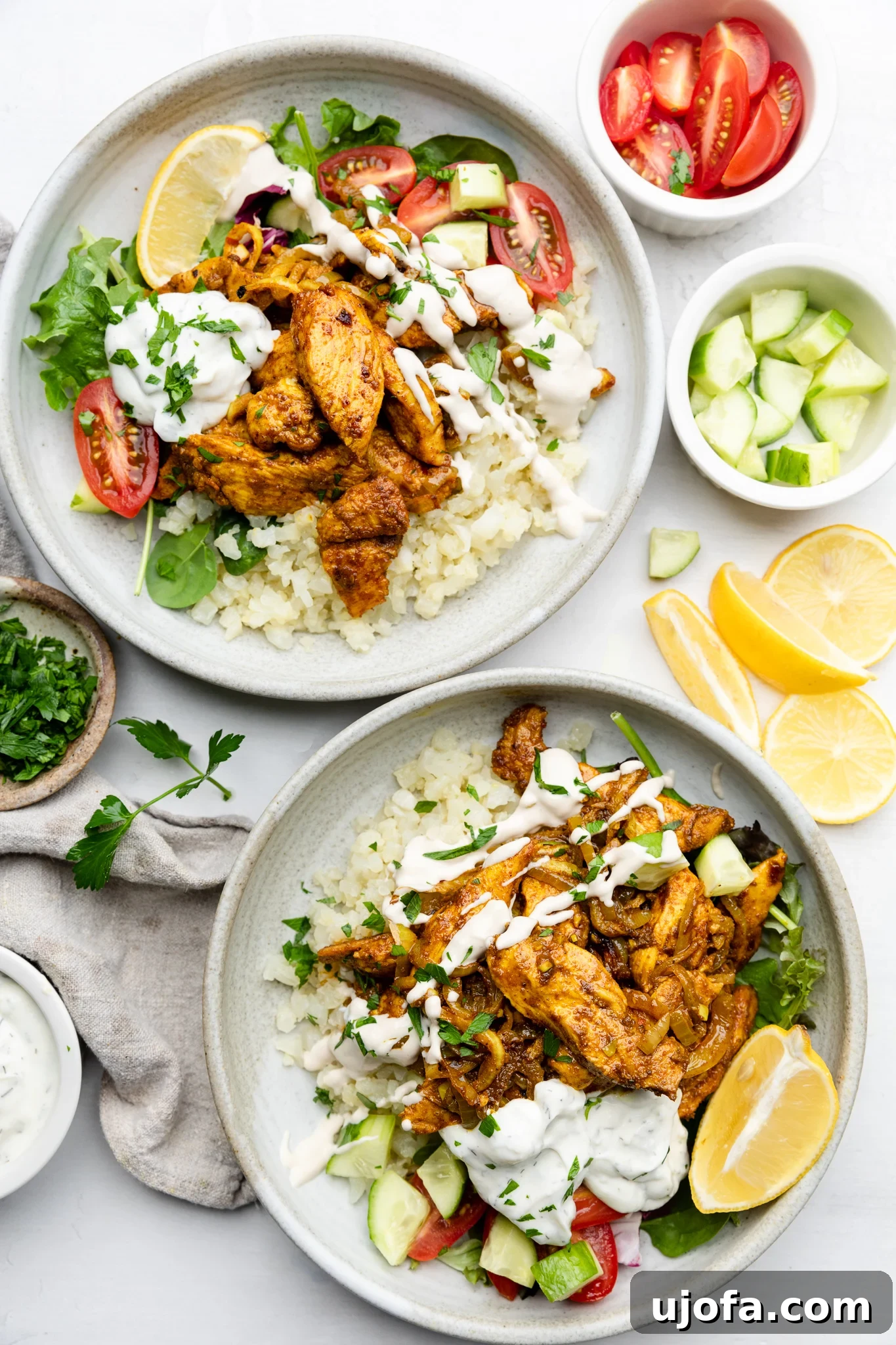 Sheet Pan Chicken Shawarma Power Bowls 2 Two chicken shawarma bowls drizzled with lemon garlic tahini sauce, showcasing vibrant ingredients like cauliflower rice, fresh greens, diced tomatoes, and cucumbers.