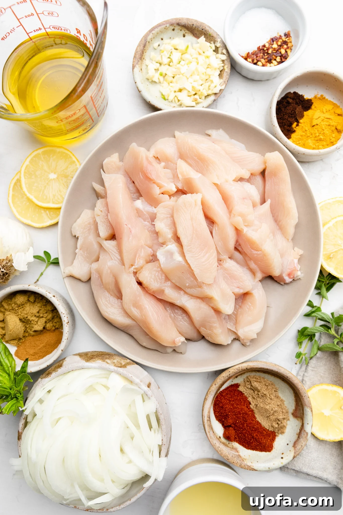 Sheet Pan Chicken Shawarma Power Bowls 3 Bowl of fresh ingredients for chicken shawarma, including sliced chicken, onions, garlic, and a medley of colorful spices, ready for marination.