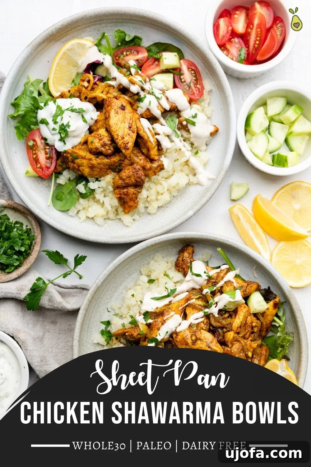 Sheet Pan Chicken Shawarma Power Bowls 10 Tall pin image featuring multiple chicken shawarma bowls, highlighting the delicious chicken, fresh vegetables, and creamy tahini drizzle.