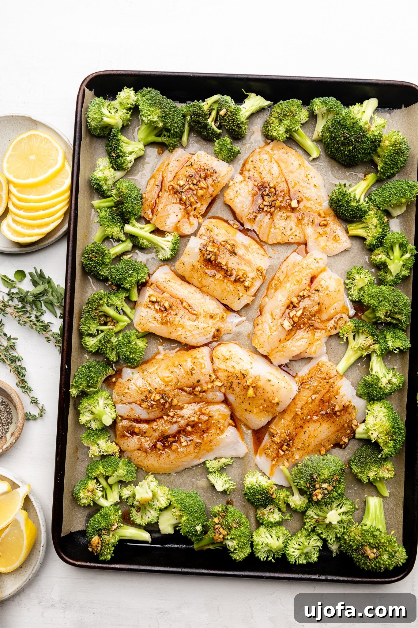 Cod and broccoli florets arranged neatly on a parchment-lined baking sheet, ready for the oven