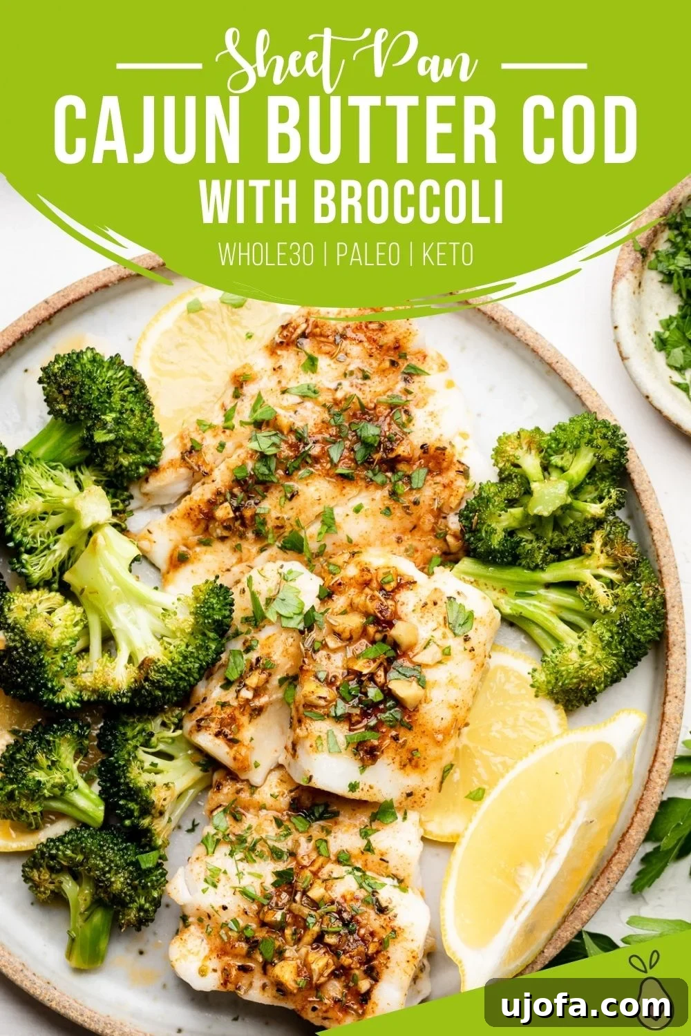Pinterest tall pin of Sheet Pan Cajun Cod & Broccoli, highlighting its easy, healthy, and flavorful attributes