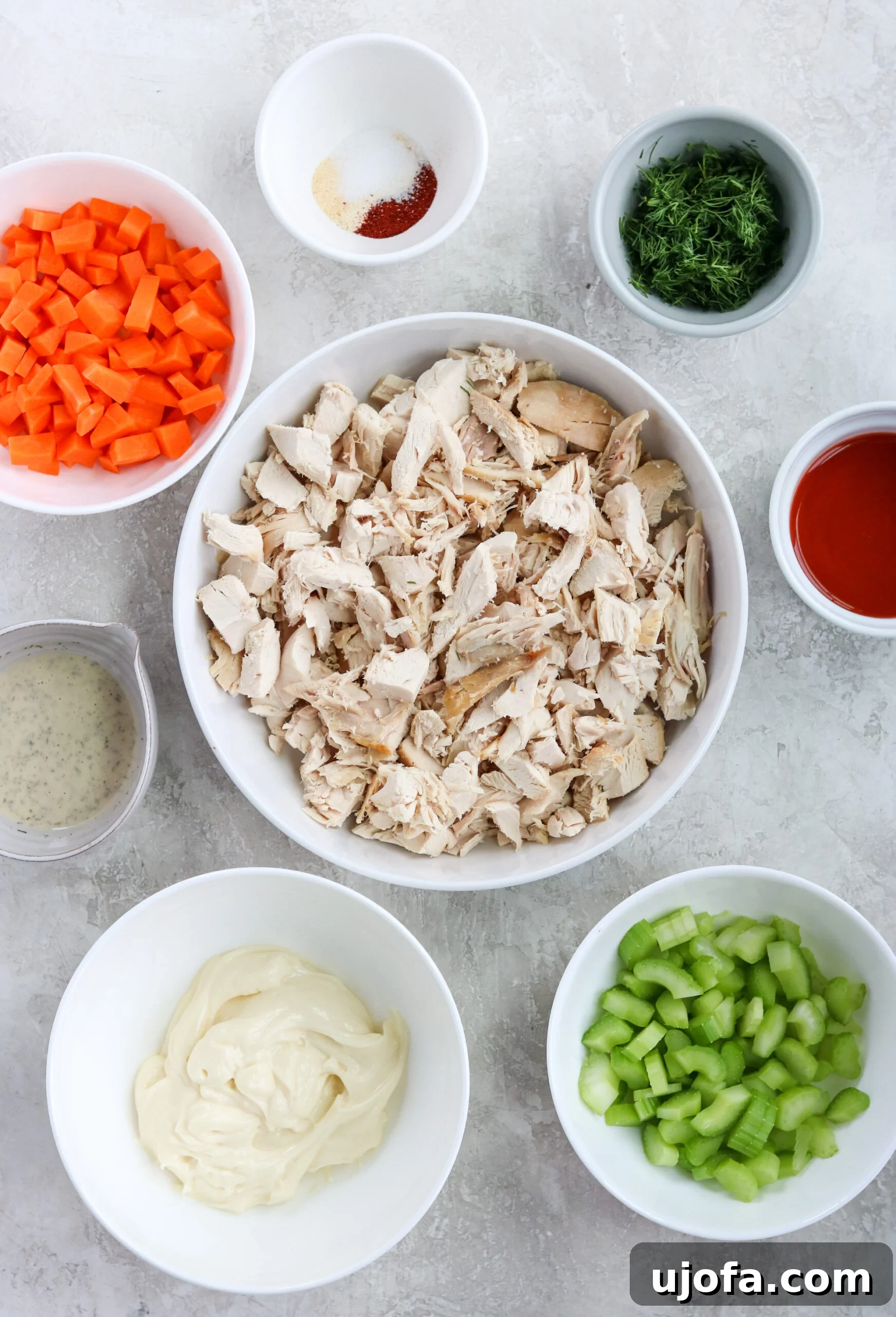 Buffalo Ranch Chicken Salad ready for serving, garnished with fresh dill