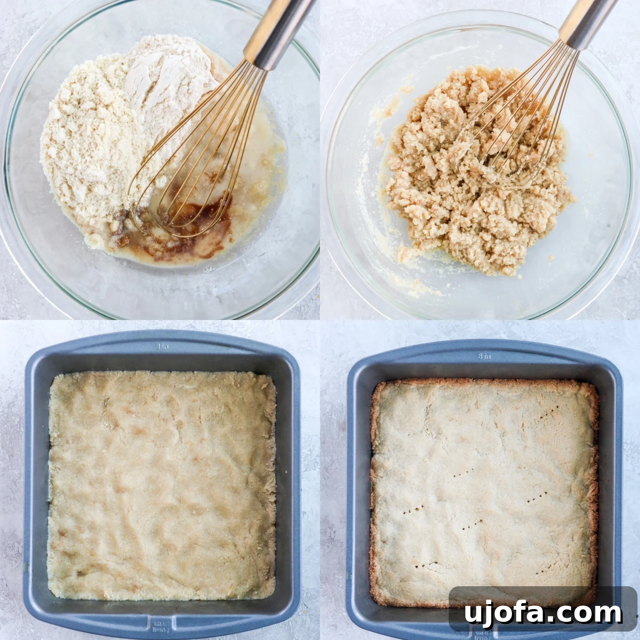 Steps to make gluten-free shortbread crust: Showing ingredients mixed in a bowl and pressed into a baking pan.