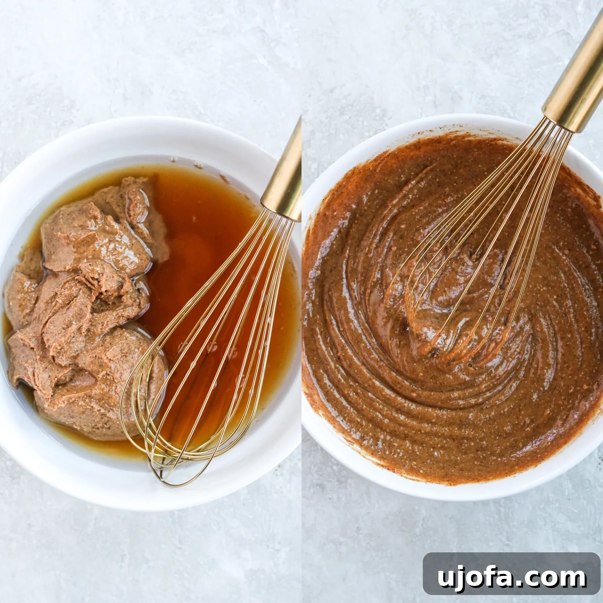 Steps to make vegan peanut butter caramel: Ingredients unmixed in a bowl and then mixed smooth with a whisk.