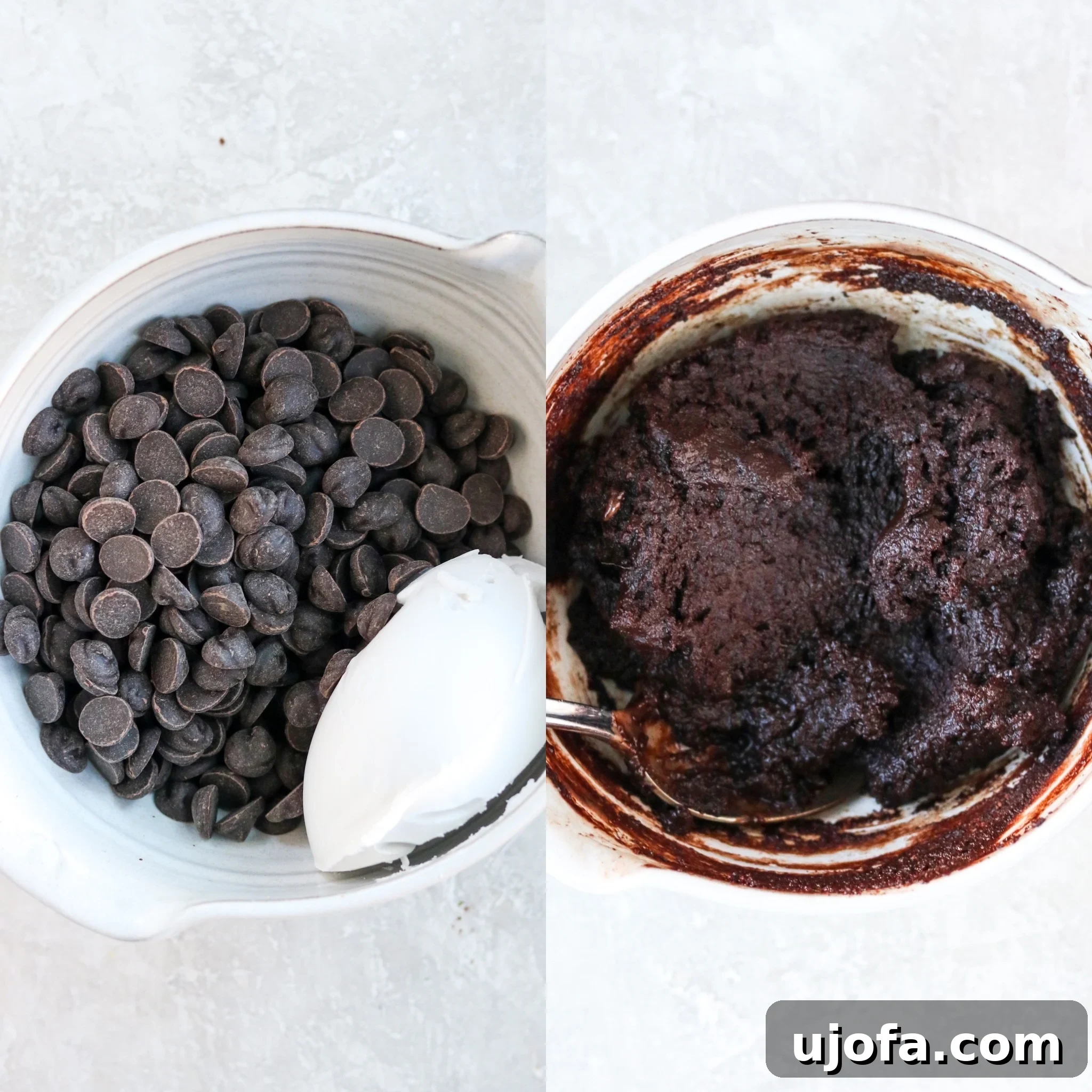 Steps to make dairy-free chocolate ganache: Chocolate chips and coconut milk in a bowl before mixing, and then after melting and stirring into a smooth ganache.