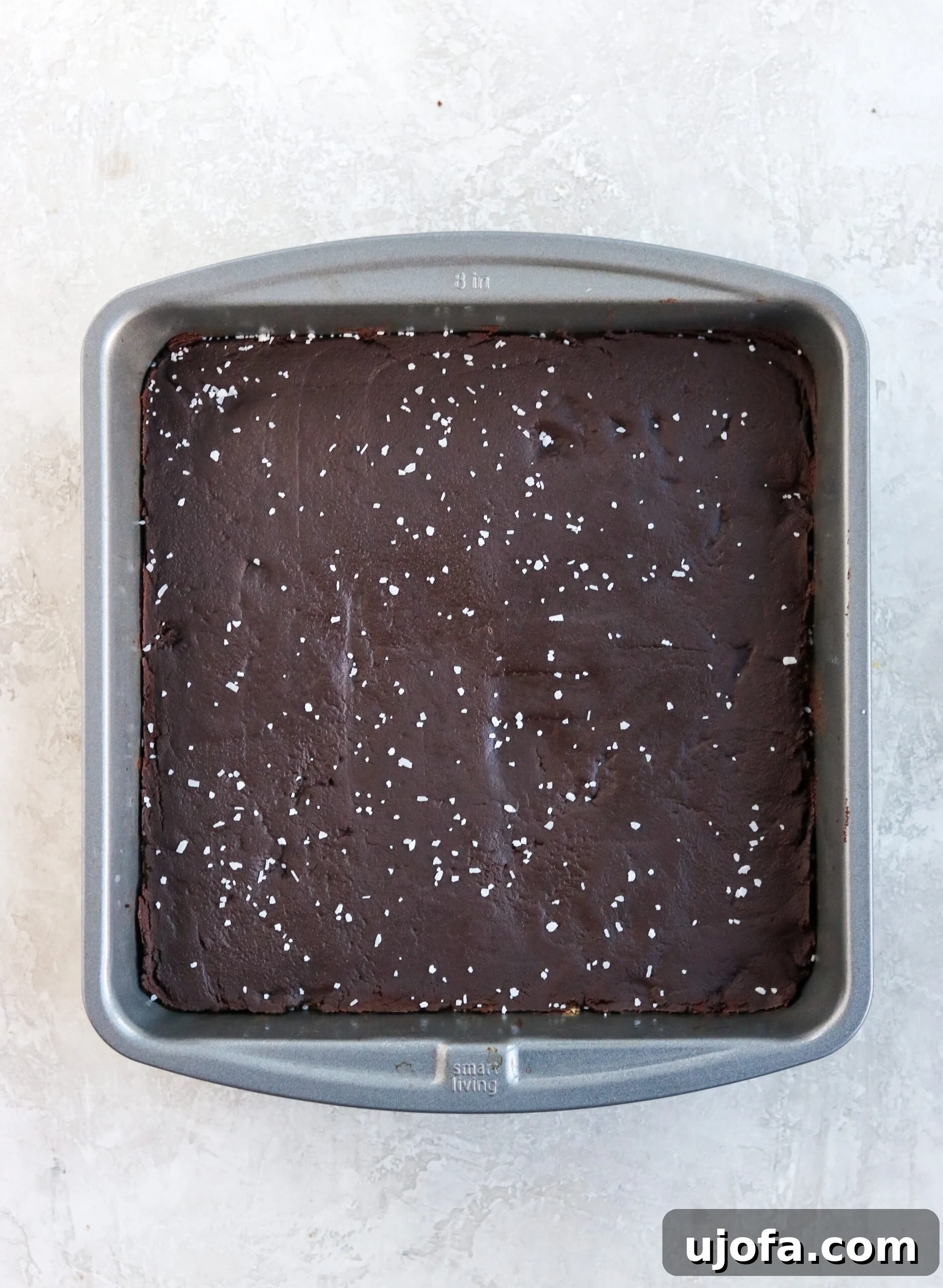 Finished vegan millionaire shortbread bars in an 8x8 pan, sprinkled with sea salt, ready for slicing.