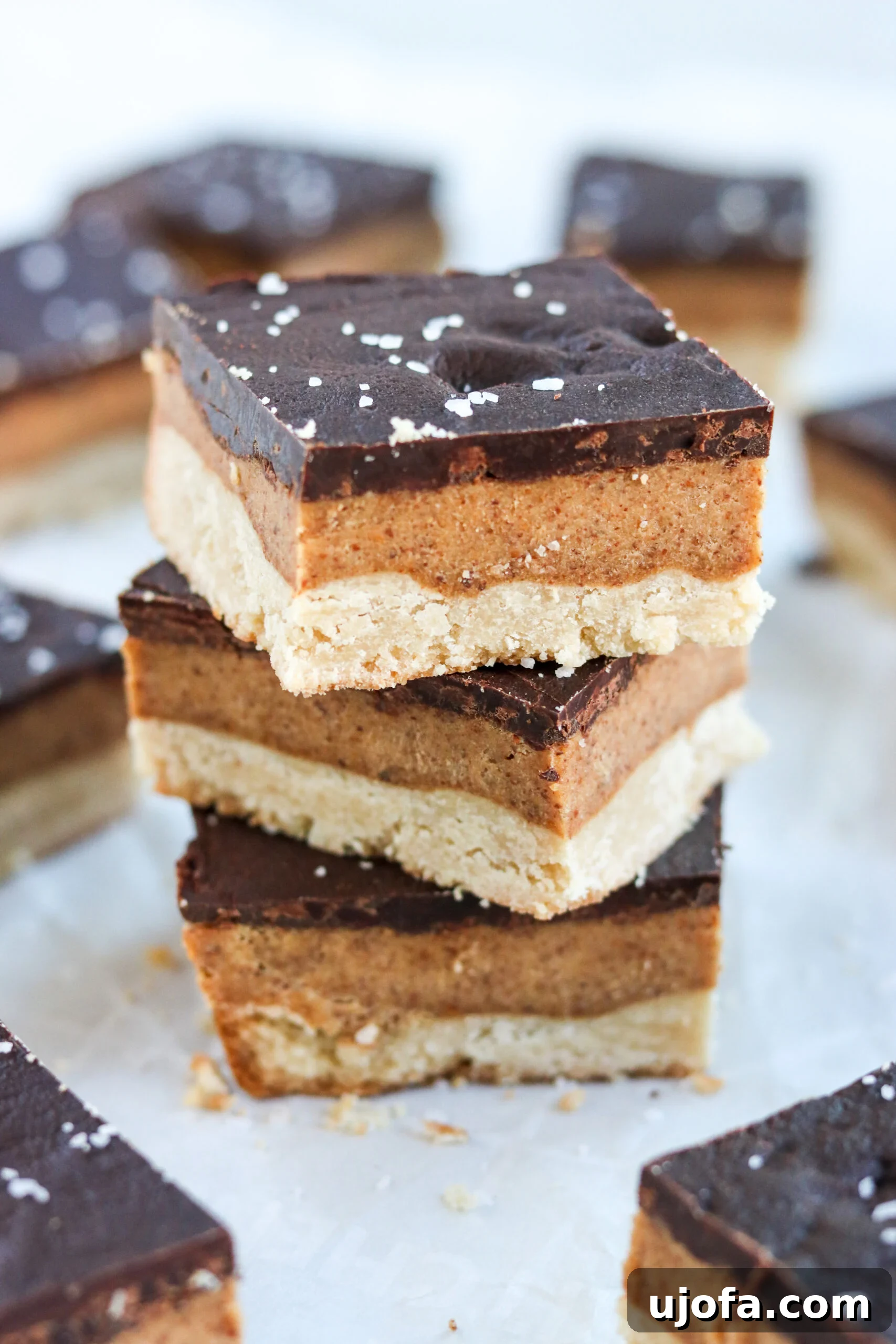 Gluten-Free shortbread bars stacked on top of each other, generously sprinkled with sea salt.
