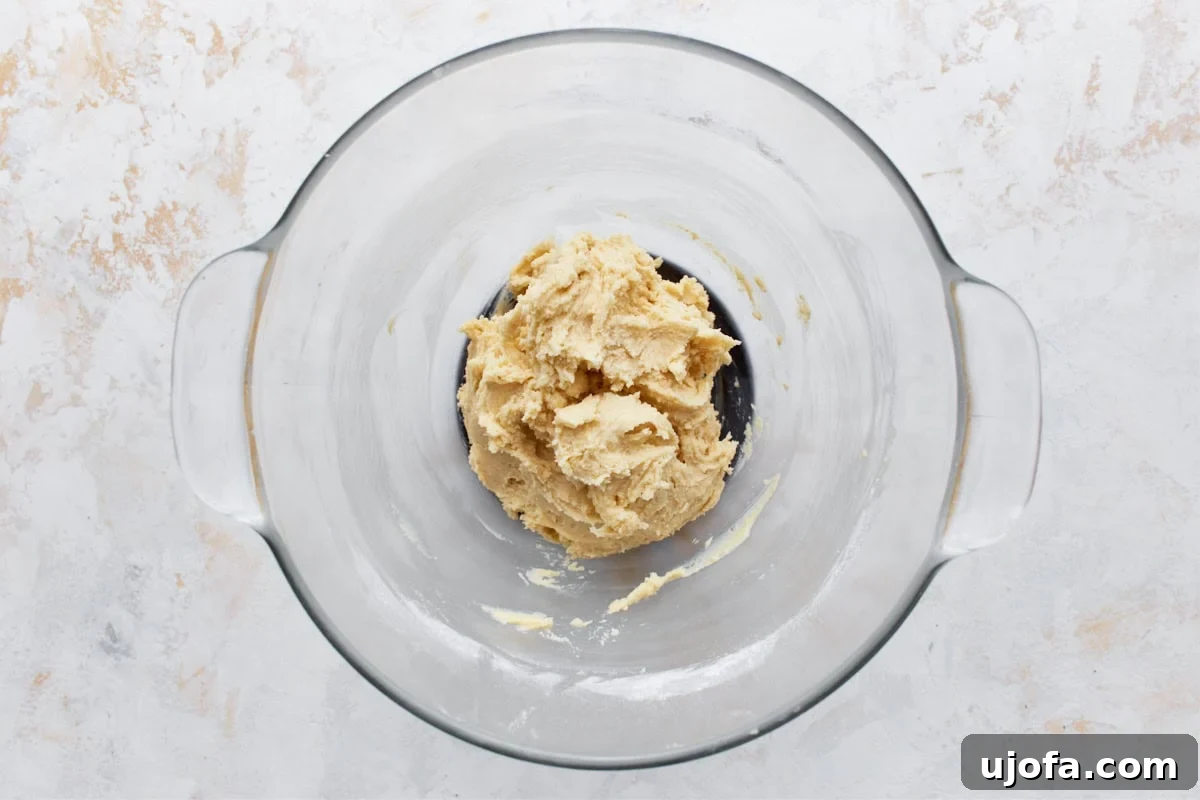 Simply Sweet Gluten-Free Cookies 10 The fully mixed gluten-free sugar cookie dough, smooth and cohesive, resting in a glass mixing bowl, ready for scooping and baking.