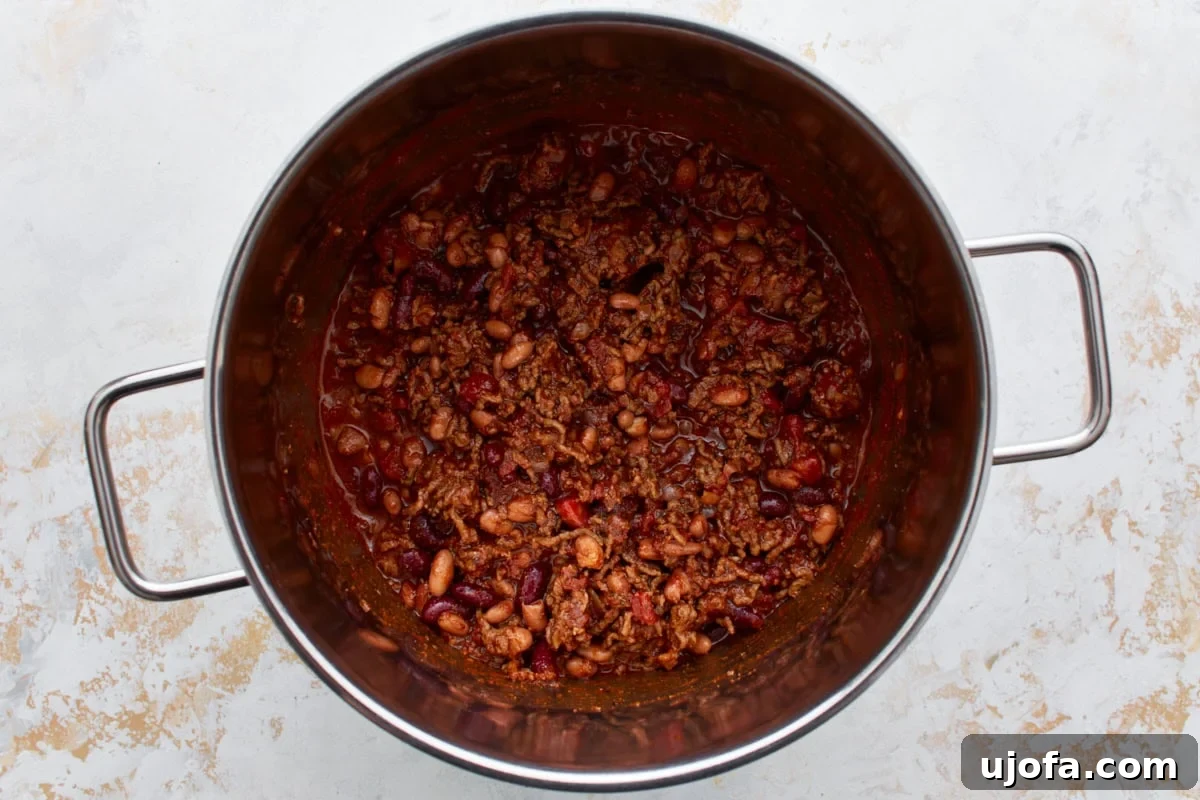 Crumbled and browned ground beef in a large stainless steel pot with died onions, a spice mixture, beans, and tomato sauce