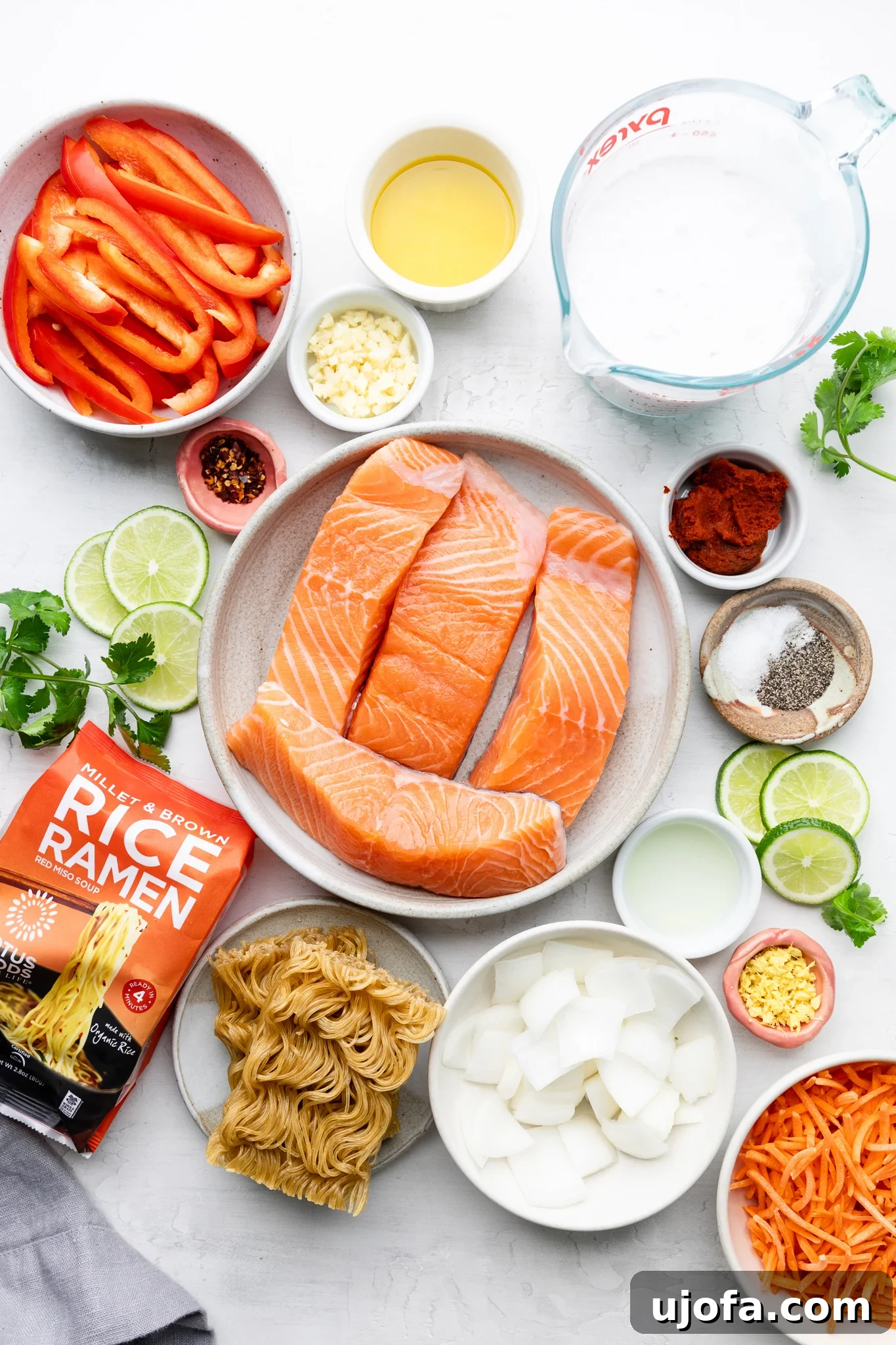 Savory Gluten-Free Thai Curry Salmon Ramen 3 Ingredients laid out for Gluten-Free Thai Curry Salmon Ramen