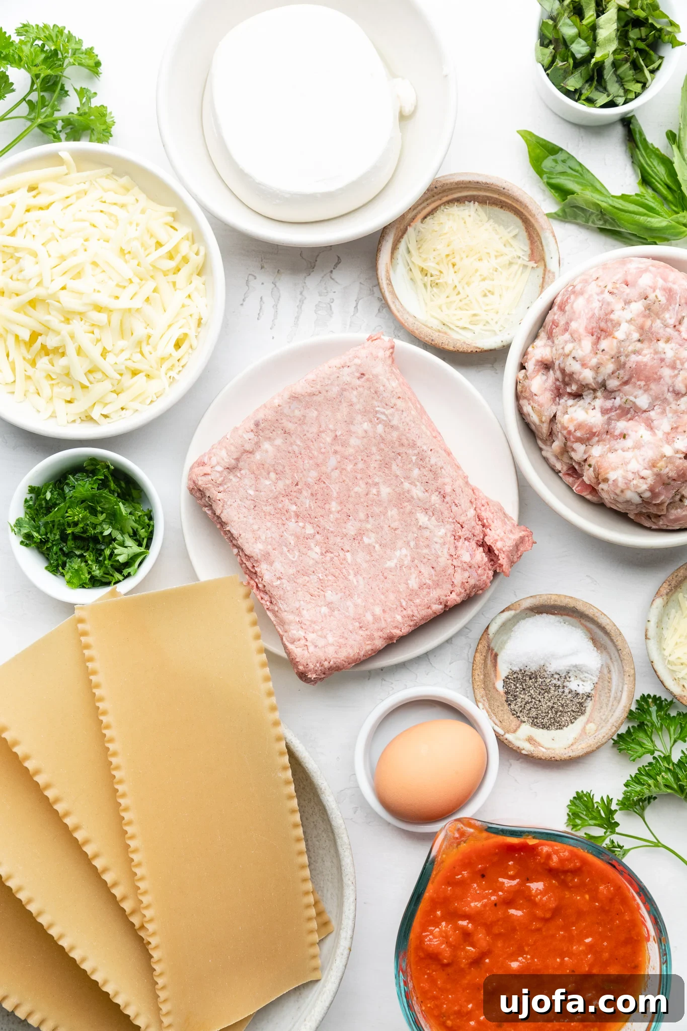 Ingredients for homemade gluten-free lasagna laid out: lasagna noodles, various cheeses, fresh parsley, marinara sauce, ground beef, and Italian sausage, egg