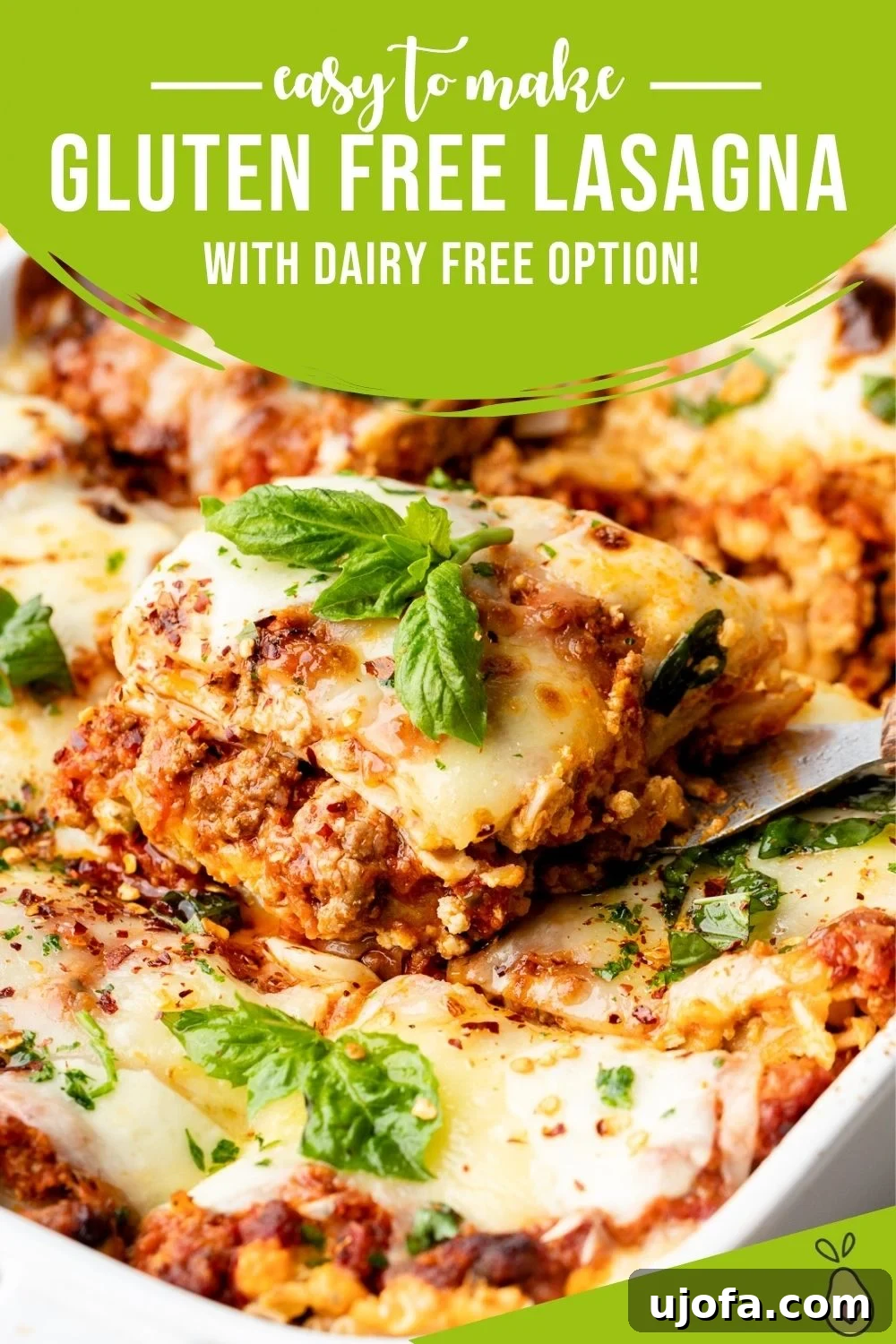 Long pin image for Gluten-Free Lasagna recipe, featuring a close-up of the dish with text overlay. 'Easy Homemade Gluten-Free Lasagna with Dairy-Free Option. Layers of noodles, bubbling cheese, and savory meat sauce.'