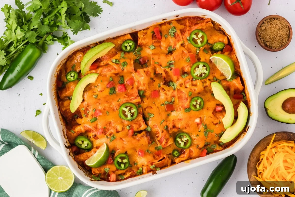 A beautifully finished dish of baked gluten-free beef and cheese enchiladas, topped with perfectly melted cheese, vibrant jalapeños, diced tomatoes, creamy avocado, fresh lime wedges, and fragrant cilantro, artfully surrounded by fresh ingredients.