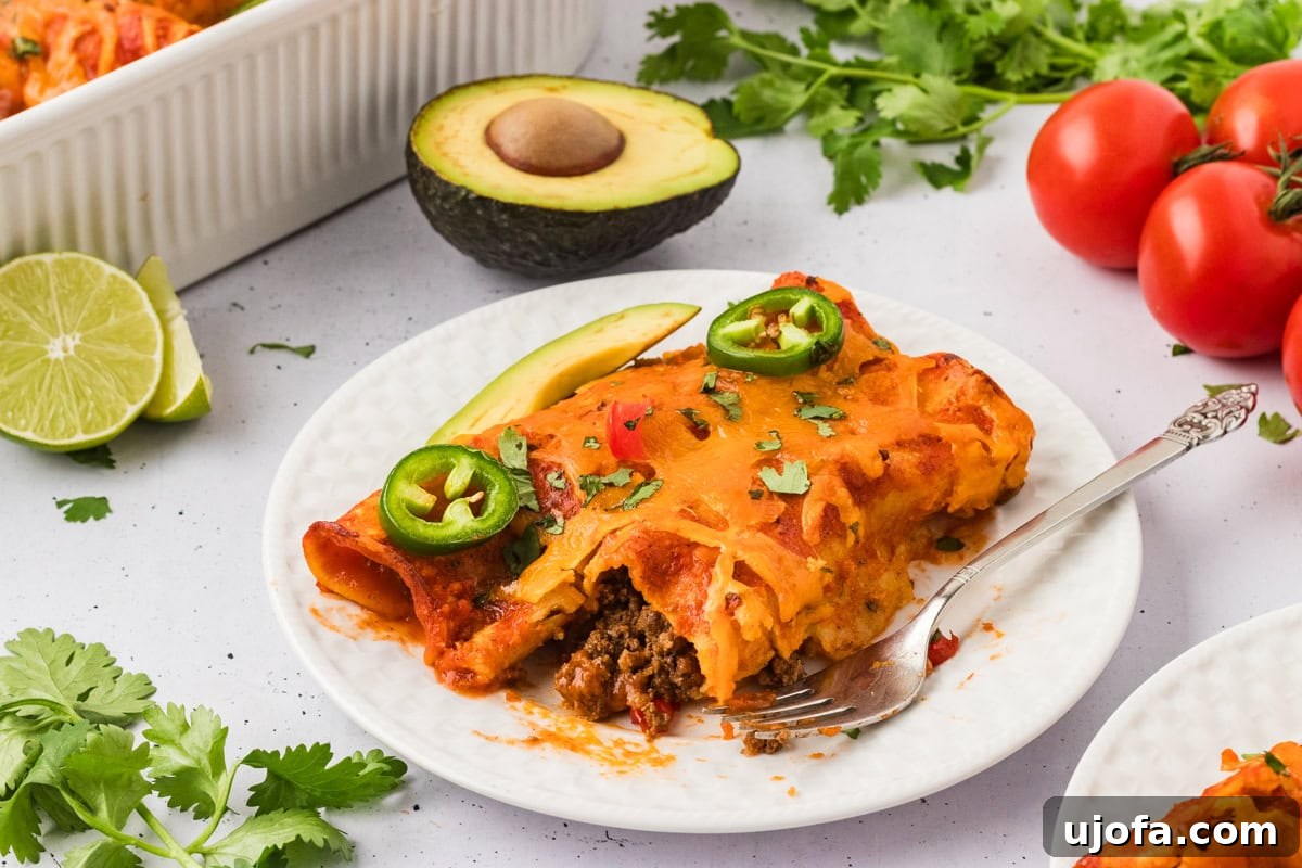 A beautifully plated serving of enchiladas topped with melted cheese, fresh jalapeños, avocado, and cilantro, with a visible bite revealing the savory beef filling. The plate is surrounded by fresh lime wedges, avocado halves, cilantro sprigs, and ripe tomatoes in the background, emphasizing fresh ingredients.