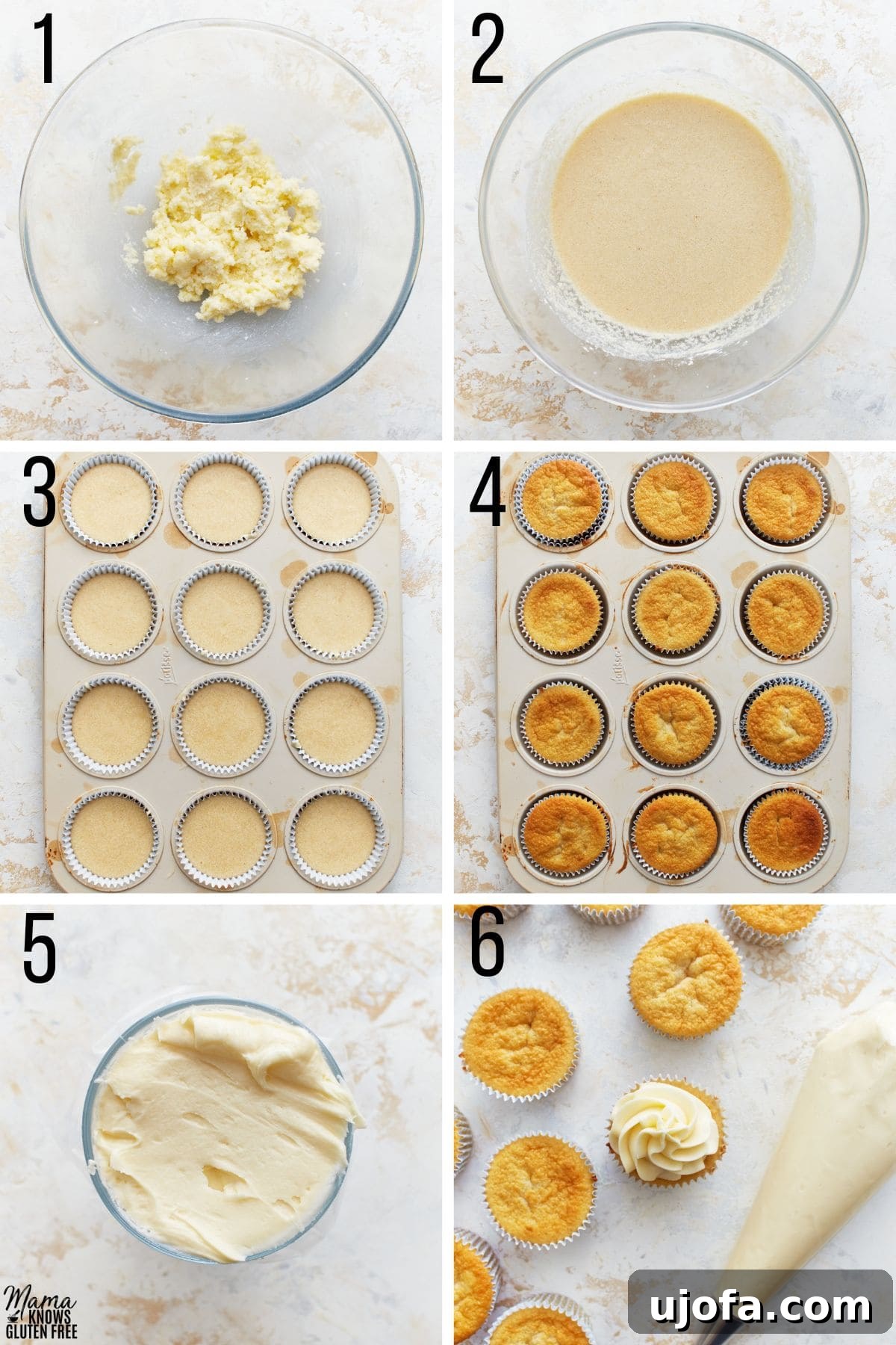 A visual guide showing step-by-step photos of how to make gluten-free vanilla cupcakes, from mixing batter to baking.