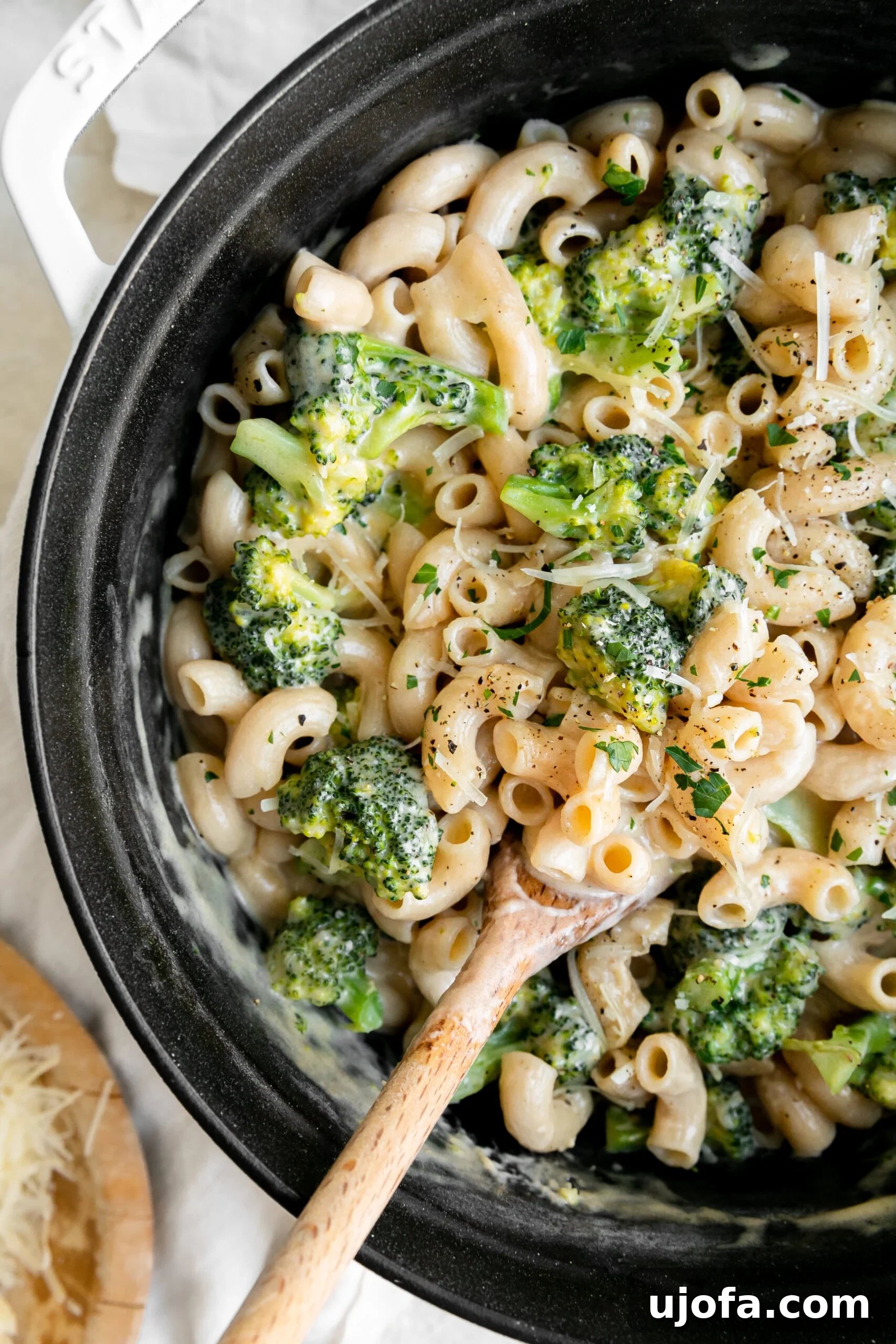 dutch oven mac and cheese mixed in a black pot