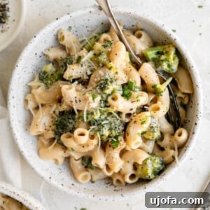 One Pot Gluten Free Broccoli Mac and Cheese in a bowl with parmesan cheese and a spoon