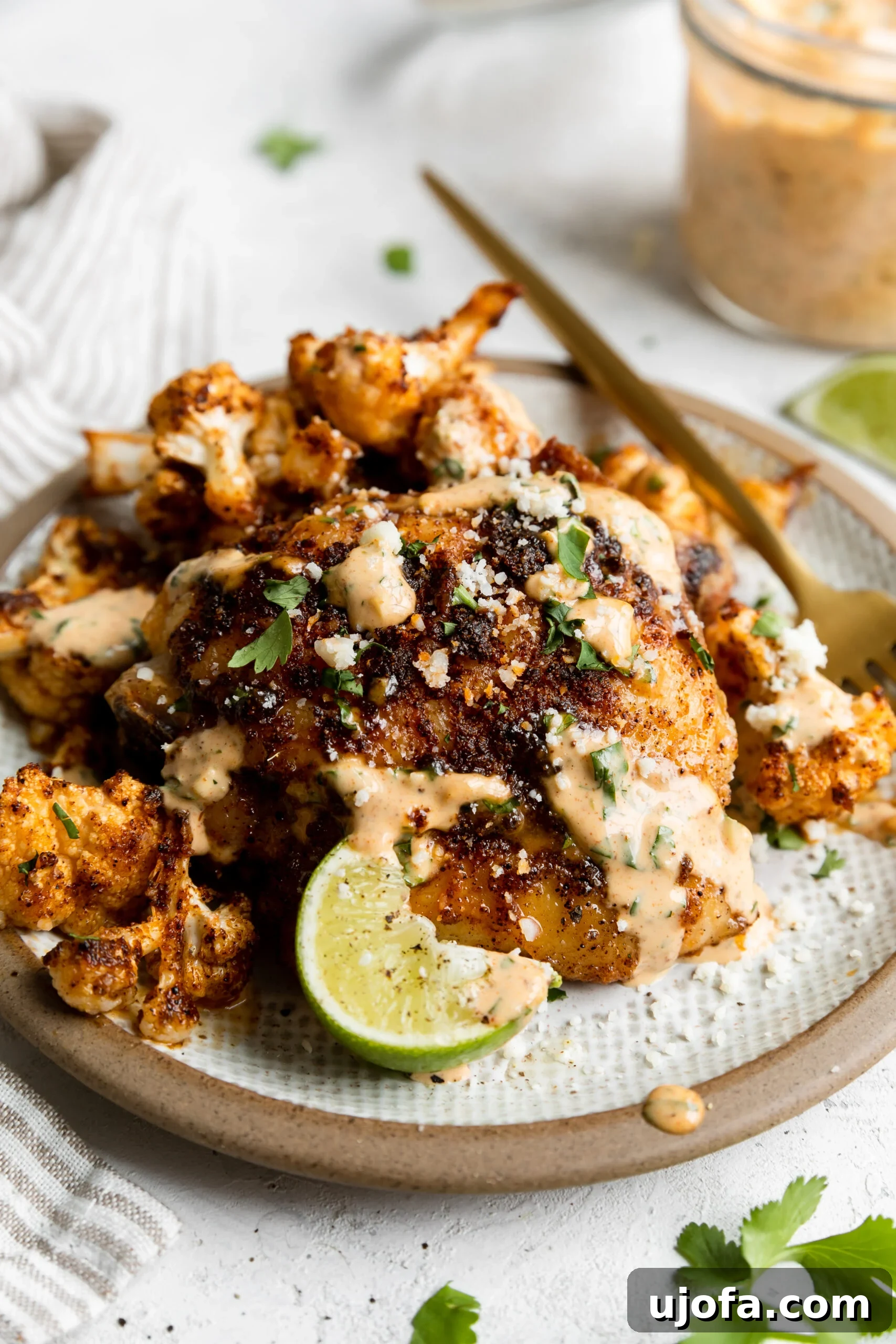 A close-up of the perfectly roasted cauliflower and crispy chicken thighs, artfully arranged next to a fresh lime wedge and a small bowl of creamy sauce, highlighting the inviting textures and colors.