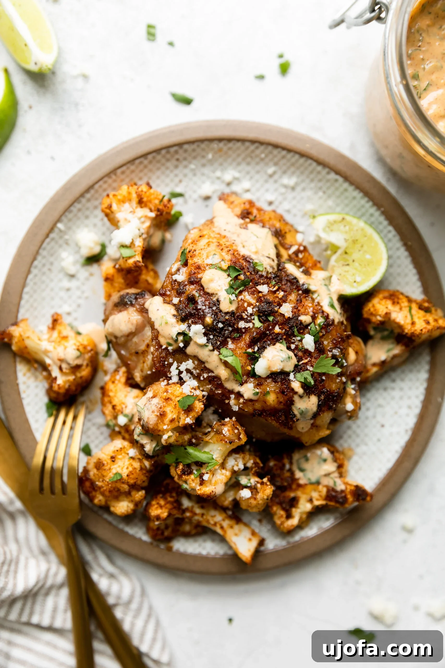 An overhead view of perfectly cooked chicken thighs and roasted cauliflower, garnished with fresh cilantro, presented on a white plate alongside a bowl of sauce and lime wedges on a clean white background.