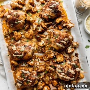 A silver sheet pan with roasted cauliflower and chicken thighs