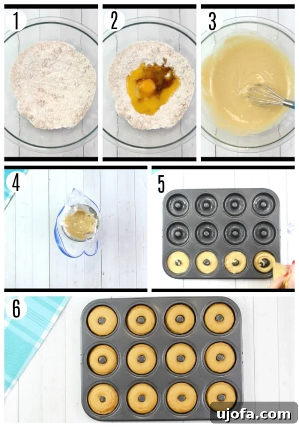 Gluten-Free Vanilla Cake Donuts with Dairy-Free Options 3 A visual guide showing steps 1-6 of making gluten-free vanilla donuts, from mixing ingredients to piping batter.