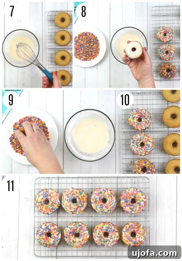 Gluten-Free Vanilla Cake Donuts with Dairy-Free Options 4 A visual guide showing steps 7-11 of making gluten-free vanilla donuts, from glazing to serving.