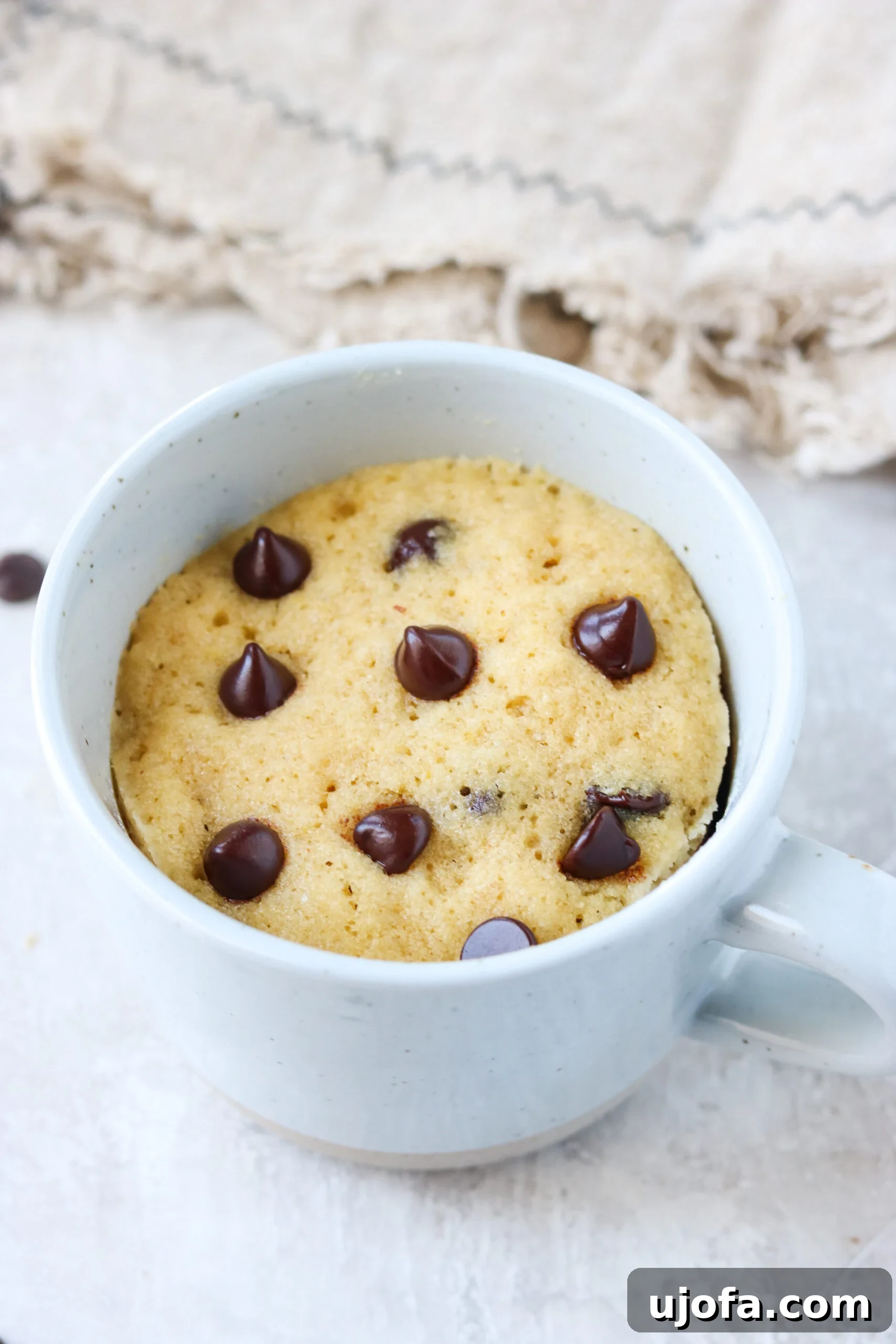 a close up of a white mug with cooked chocolate chip cake batter inside