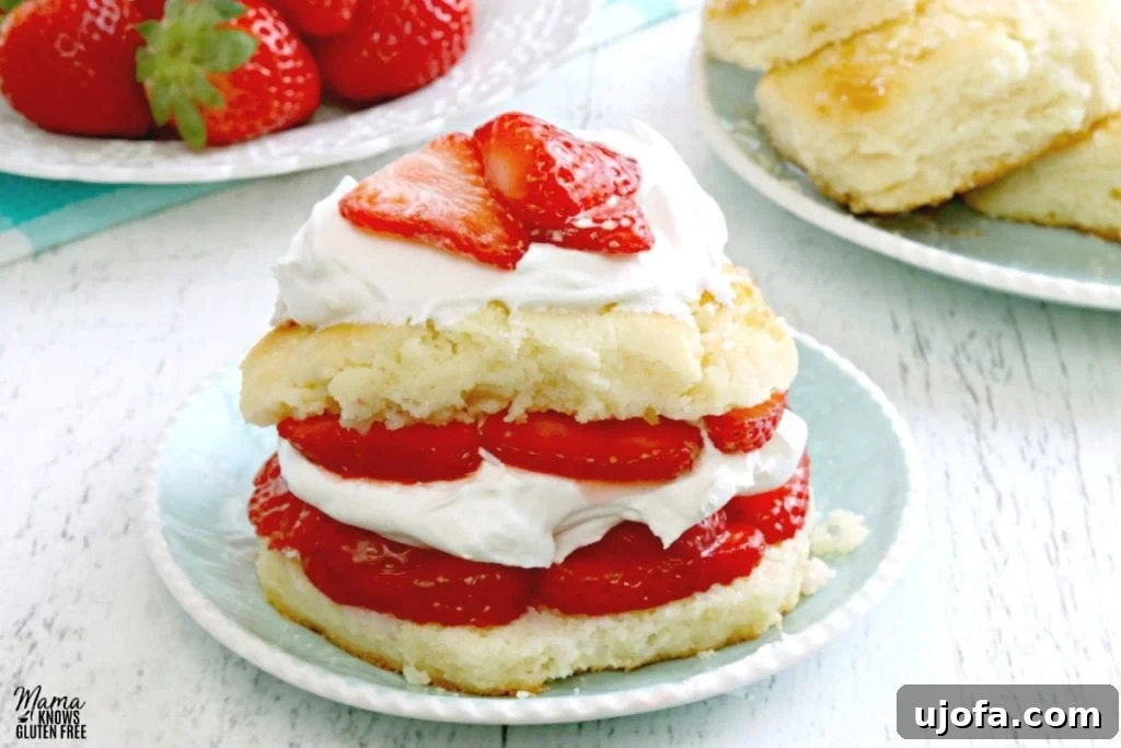 Heavenly Gluten-Free Strawberry Shortcake 5 Gluten-free strawberry shortcake on a blue plate