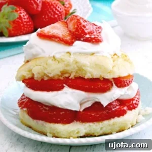 Gluten-free strawberry shotcake on a blue plate with stawberries and whipped cream in the background