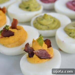 Deviled Eggs 3 Ways - close-up of a platter