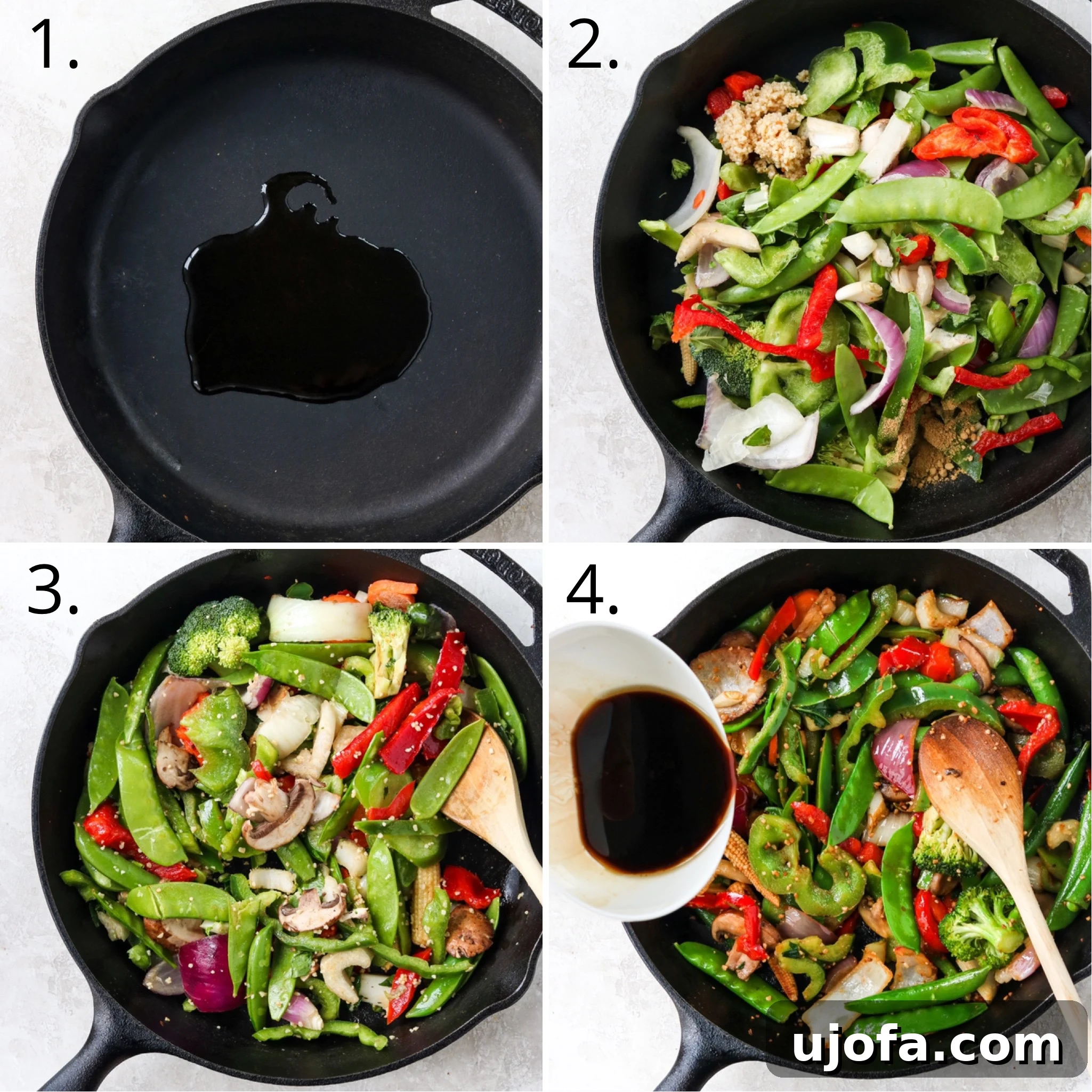 A four-panel collage illustrating the step-by-step process of making Thai vegetable stir-fry, showing sauce preparation, vegetable sautéing, combining ingredients, and the final dish in a skillet.