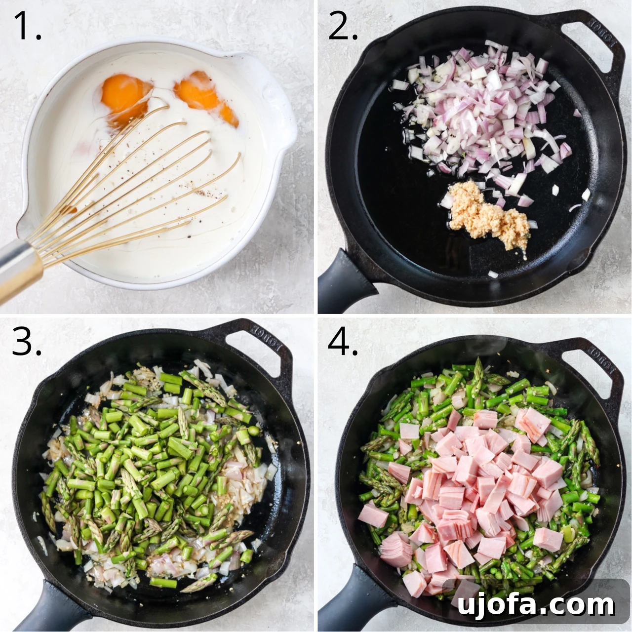 Instructions for how to make gluten free quiche, showing filling ingredients in the pie crust and then egg mixture poured over it
