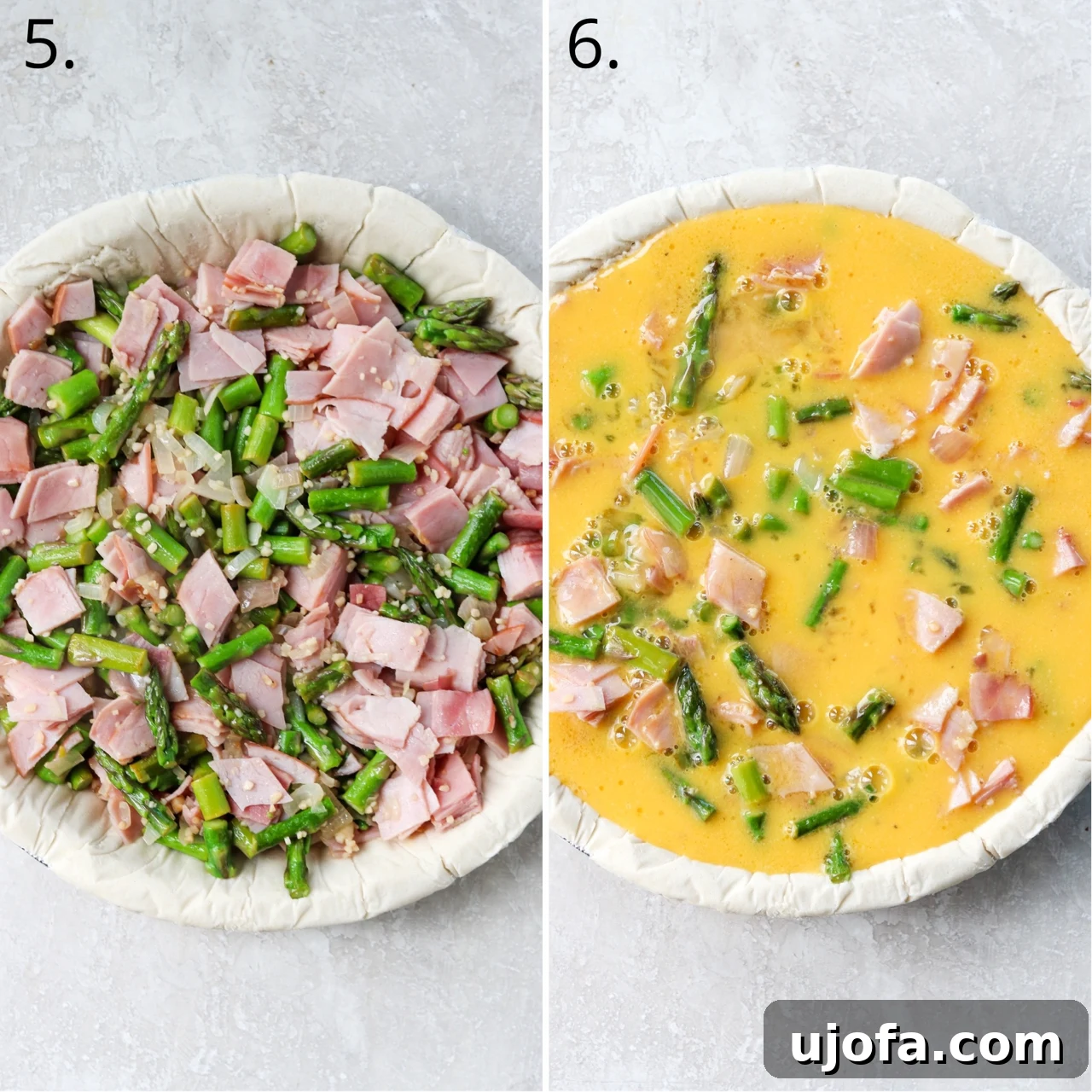 A picture of a gluten free pie crust filled with asparagus ham and shallots and one with eggs poured overtop