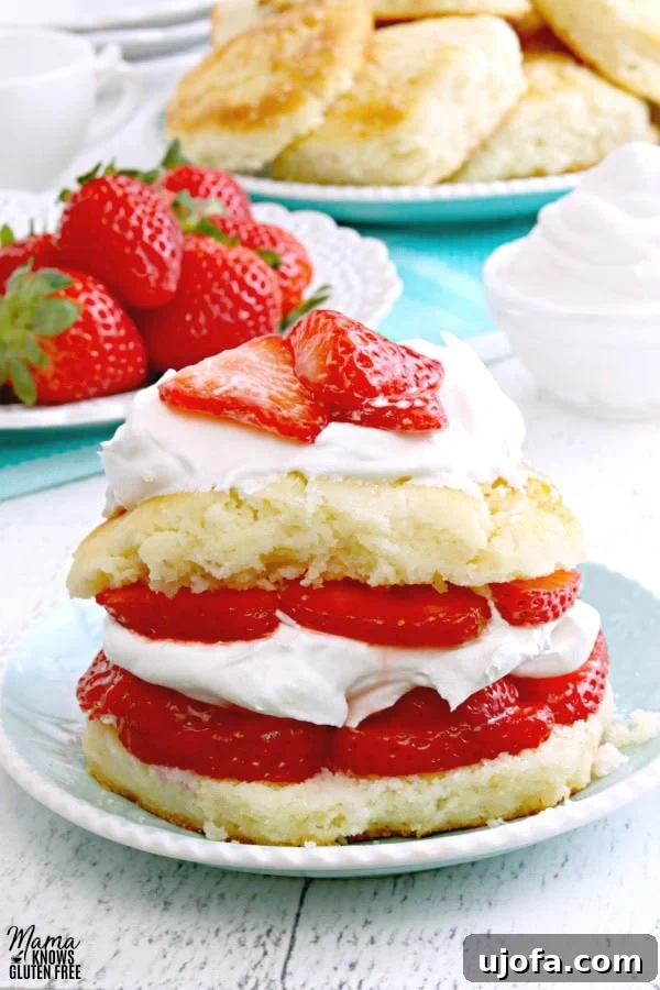 Effortless Gluten-Free Easter Sweets 11 A vibrant serving of gluten-free strawberry shortcake on a blue plate, brimming with fresh strawberries and a generous dollop of whipped cream, with more shortcakes and berries blurred in the background.