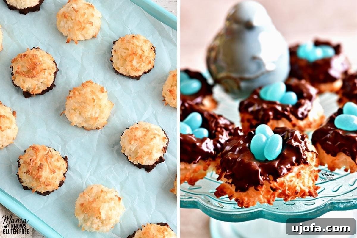 Effortless Gluten-Free Easter Sweets 12 A festive photo collage showcasing delightful gluten-free coconut macaroon cookies, including some shaped into cute Easter nests topped with colorful jelly beans.