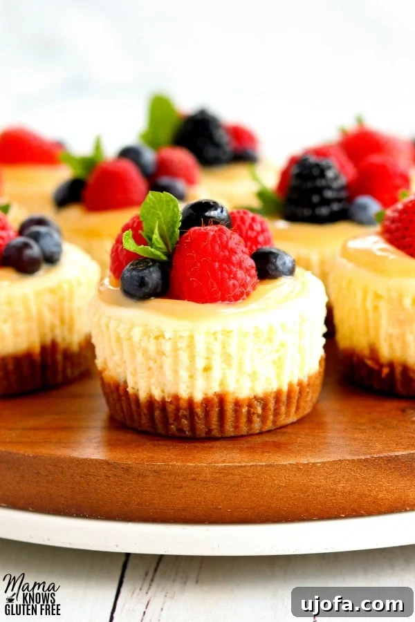 Effortless Gluten-Free Easter Sweets 4 A zoomed-in shot of exquisite gluten-free mini cheesecakes, artfully topped with vibrant lemon curd and fresh, colorful berries, ready to be served.