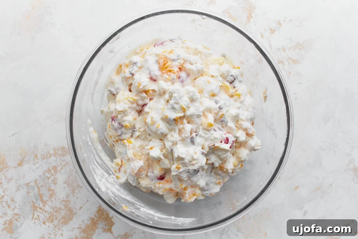 Divine Fruit Ambrosia 6 A large glass mixing bowl containing all the ambrosia salad ingredients beautifully mixed together. Visible are generous chunks of pineapple, bright mandarin oranges, ruby-red cherries, soft marshmallows, and shredded coconut, all coated in a rich, creamy dressing.