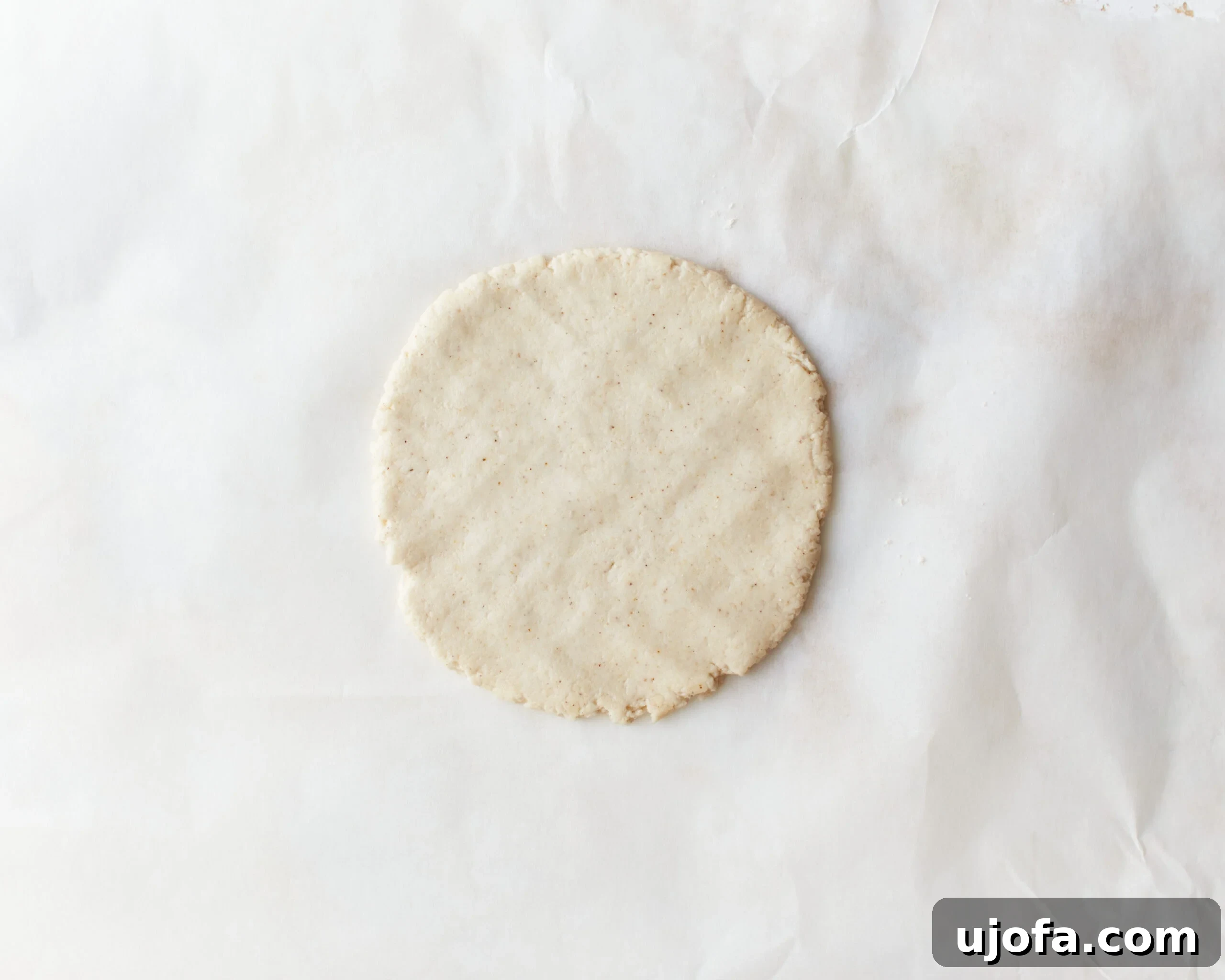 A flattened disk of gluten-free tortilla dough placed on a piece of parchment paper, prepared for rolling to its final thinness.