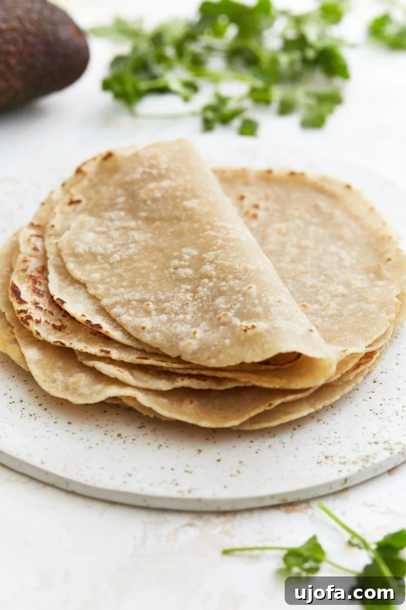 Soft gluten-free flour tortillas folded on a white plate, with fresh avocado slices and vibrant cilantro sprigs artfully blurred in the background, hinting at delicious meal possibilities.