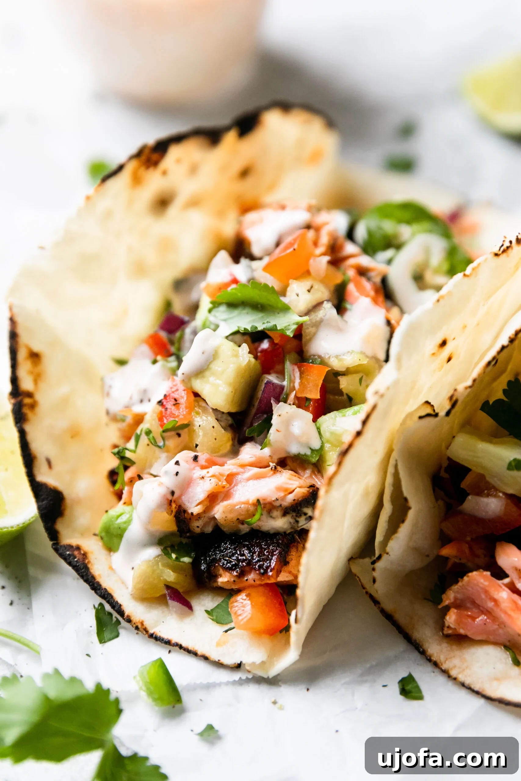 A close-up view of two blackened salmon tacos, neatly folded in soft gluten-free tortillas, showcasing the rich salmon and vibrant toppings.
