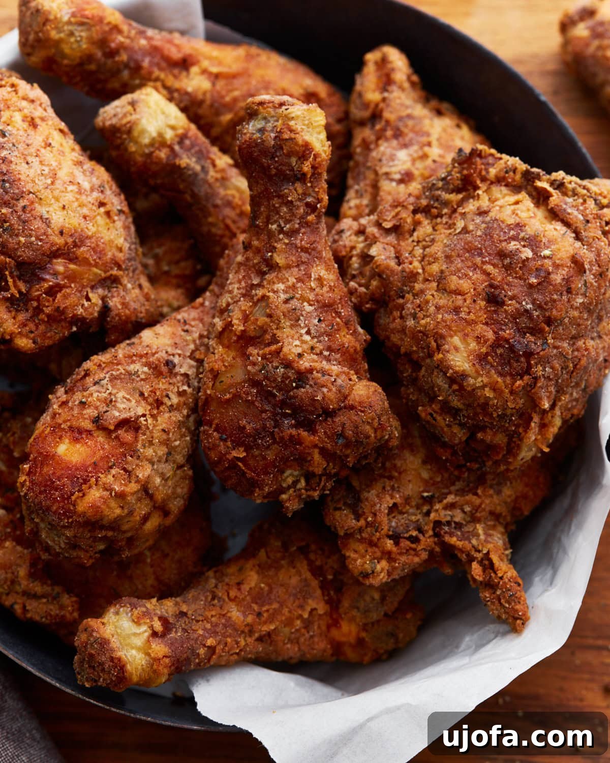 Crispy golden brown gluten-free fried chicken stacked in a paper towel lined black skillet. The skillet is resting on a wooden surface.