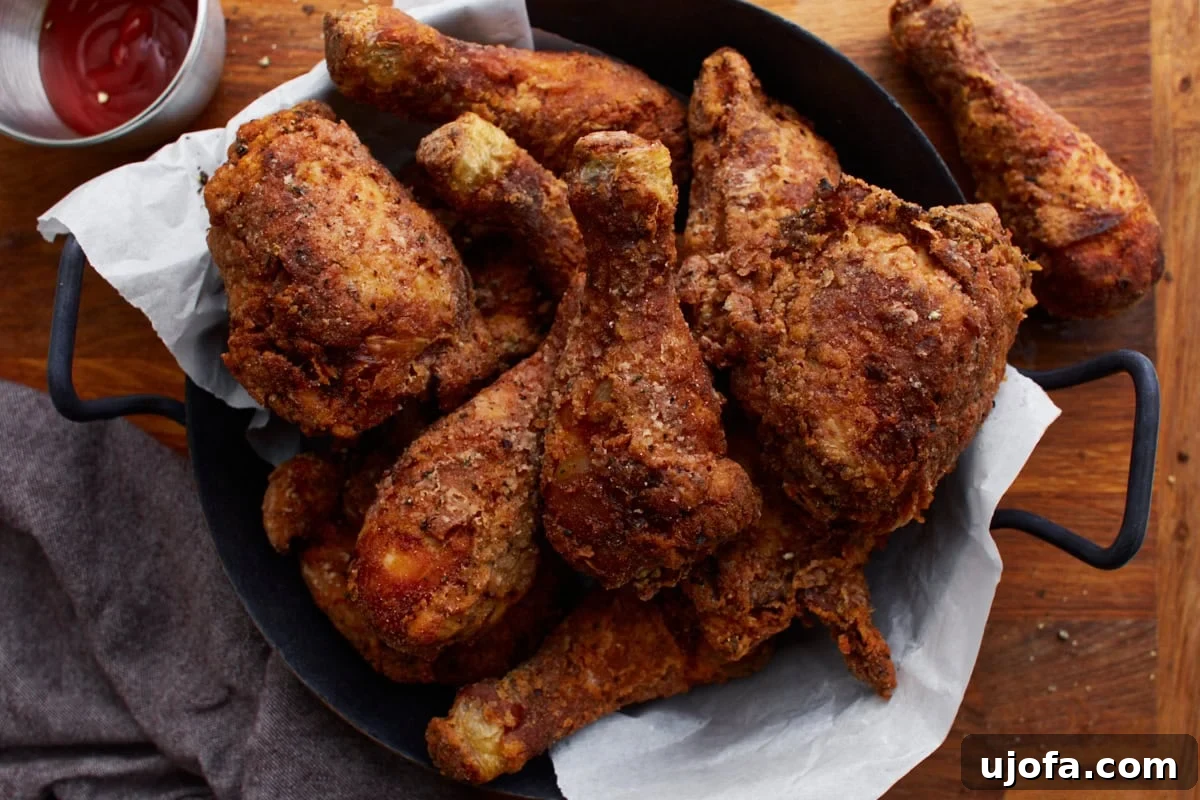 Cast iron skillet filled with gluten-free Southern-style fried chicken, featuring golden-brown, crispy drumsticks and thighs.