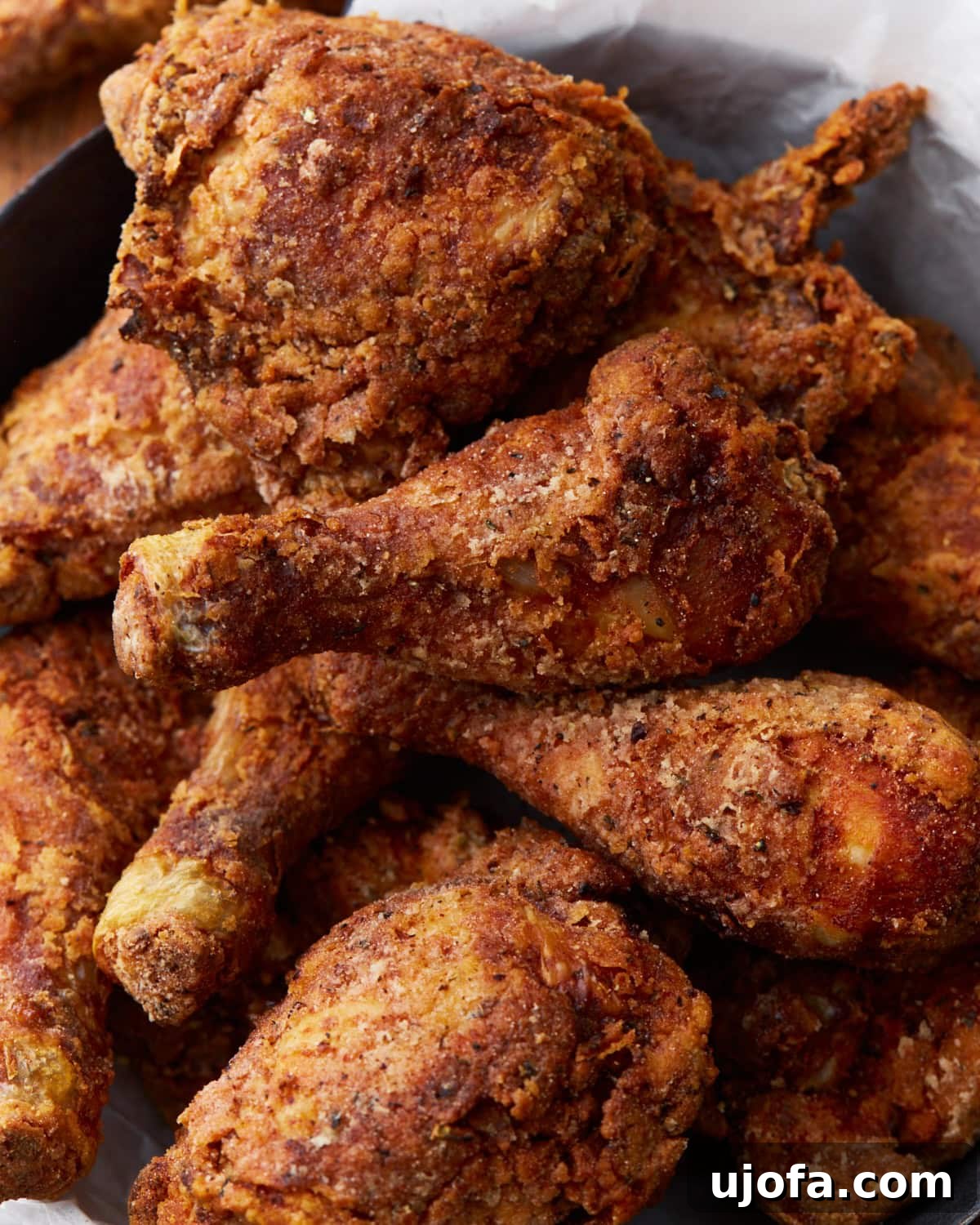 Close-up of crispy, golden-brown Southern-style gluten-free fried chicken drumsticks and thighs, piled together and showcasing the crunchy texture of the seasoned batter. 