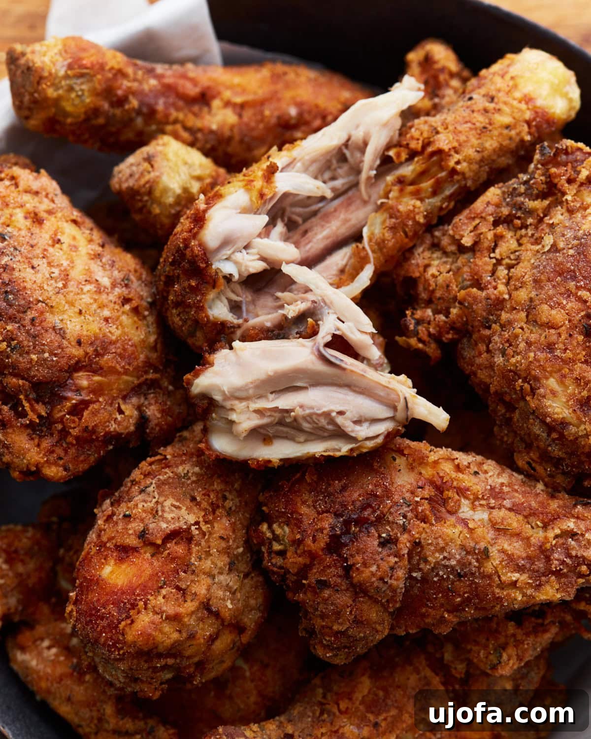 Close-up of gluten-free Southern-style fried chicken with one drumstick broken open to reveal the tender, juicy interior. 